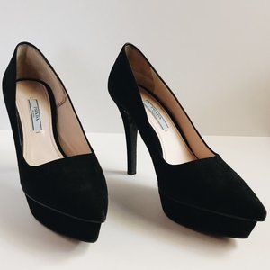 Prada black suede platform pumps